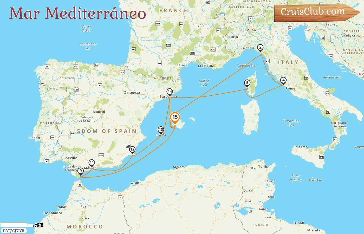 Crucero en el Mediterráneo desde Palma a bordo del barco AIDAcosma con visitas a España, Italia, Francia y Gibraltar durante 15 días