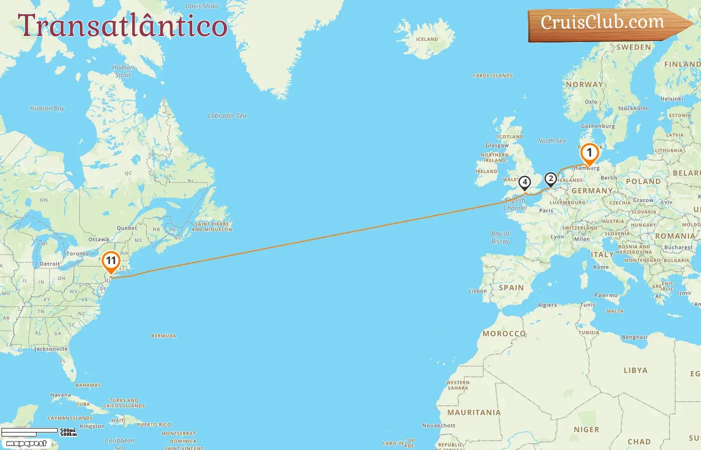 Cruzeiro no Transatlântico de Hamburgo para Nova Iorque a bordo do navio Queen Mary 2 com visitas à Alemanha, Bélgica e EUA por 11 dias