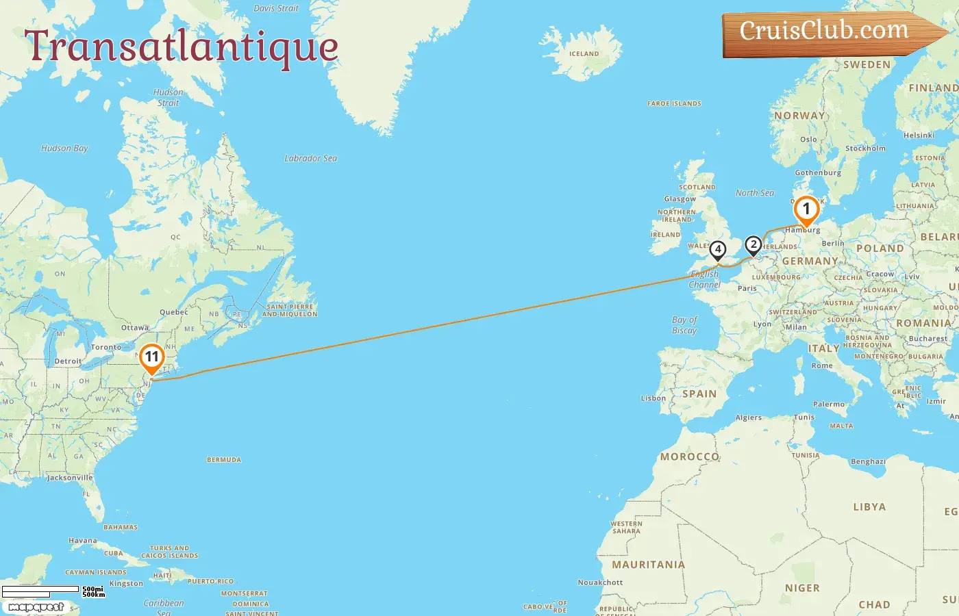 Croisière en transatlantique de Hambourg à New York à bord du Queen Mary 2 avec des visites en Allemagne, en Belgique et aux États-Unis pendant 11 jours