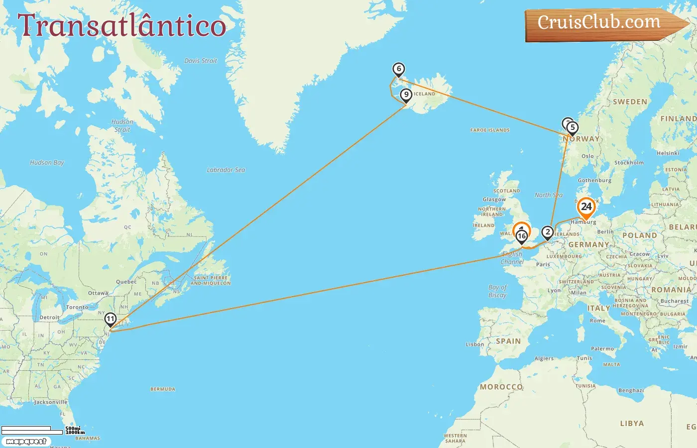 Cruzeiro no Transatlântico de Southampton para Hamburgo a bordo do navio Queen Mary 2 com visitas à Bélgica, Noruega, EUA e Alemanha por 24 dias