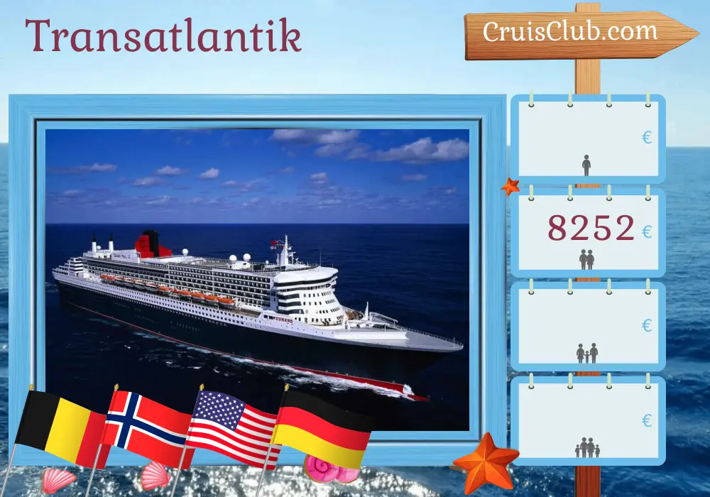 Kreuzfahrt über den Atlantik von Southampton nach Hamburg an Bord des Schiffes Queen Mary 2 mit Stopps in Belgien, Norwegen, den USA und Deutschland für 24 Tage