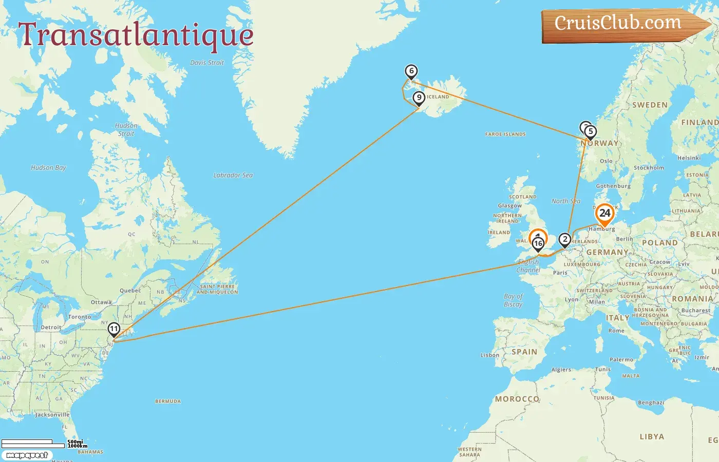 Croisière transatlantique de Southampton à Hambourg à bord du navire Queen Mary 2 avec des escales en Belgique, en Norvège, aux États-Unis et en Allemagne pendant 24 jours