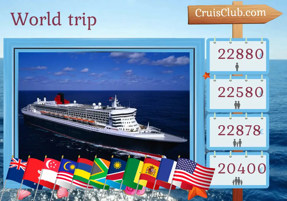 Cruise in the World trip from Sydney to New York aboard Queen Mary 2 ship with visits to Australia, Indonesia, Hong Kong, Viet Nam, Singapore, Malaysia, Mauritius, South Africa, Namibia, Senegal, Spain, France, and USA for 66 days
