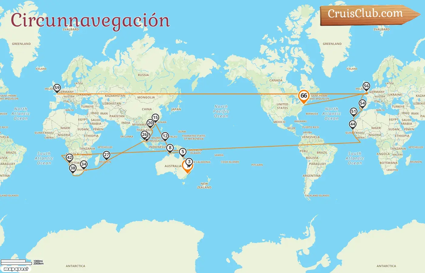Crucero en el Mundo desde Sídney a Nueva York a bordo del barco Queen Mary 2 con visitas a Australia, Indonesia, Hong Kong, Vietnam, Singapur, Malasia, Mauricio, Sudáfrica, Namibia, Senegal, España, Francia y Estados Unidos por 66 días