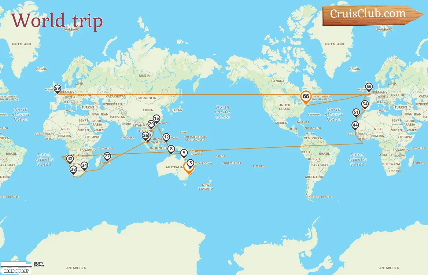 Cruise in the World trip from Sydney to New York aboard Queen Mary 2 ship with visits to Australia, Indonesia, Hong Kong, Viet Nam, Singapore, Malaysia, Mauritius, South Africa, Namibia, Senegal, Spain, France, and USA for 66 days