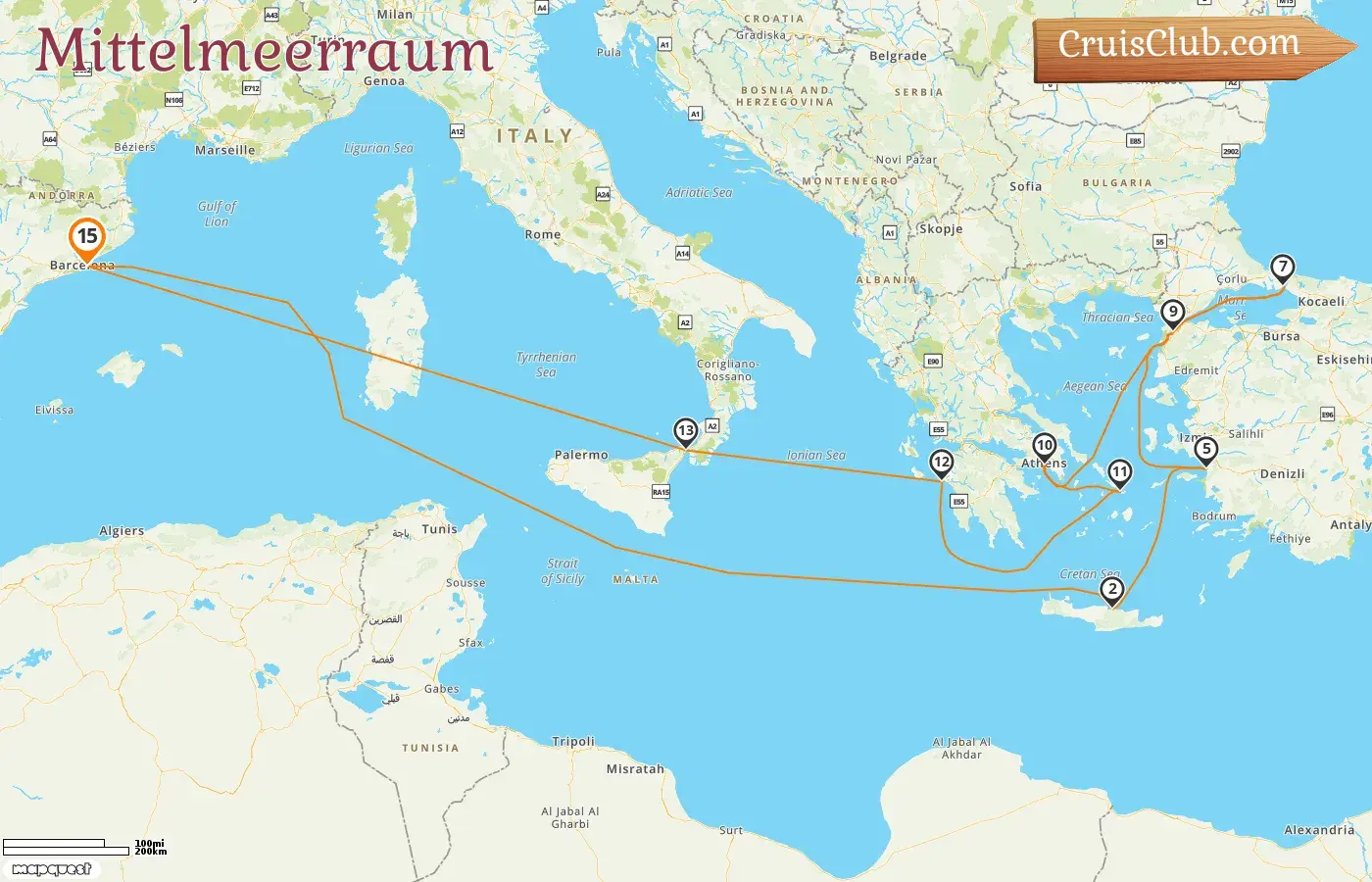 Mittelmeerkreuzfahrt ab Barcelona an Bord des Schiffes Queen Victoria mit Stopps in Spanien, Griechenland, der Türkei und Italien für 15 Tage