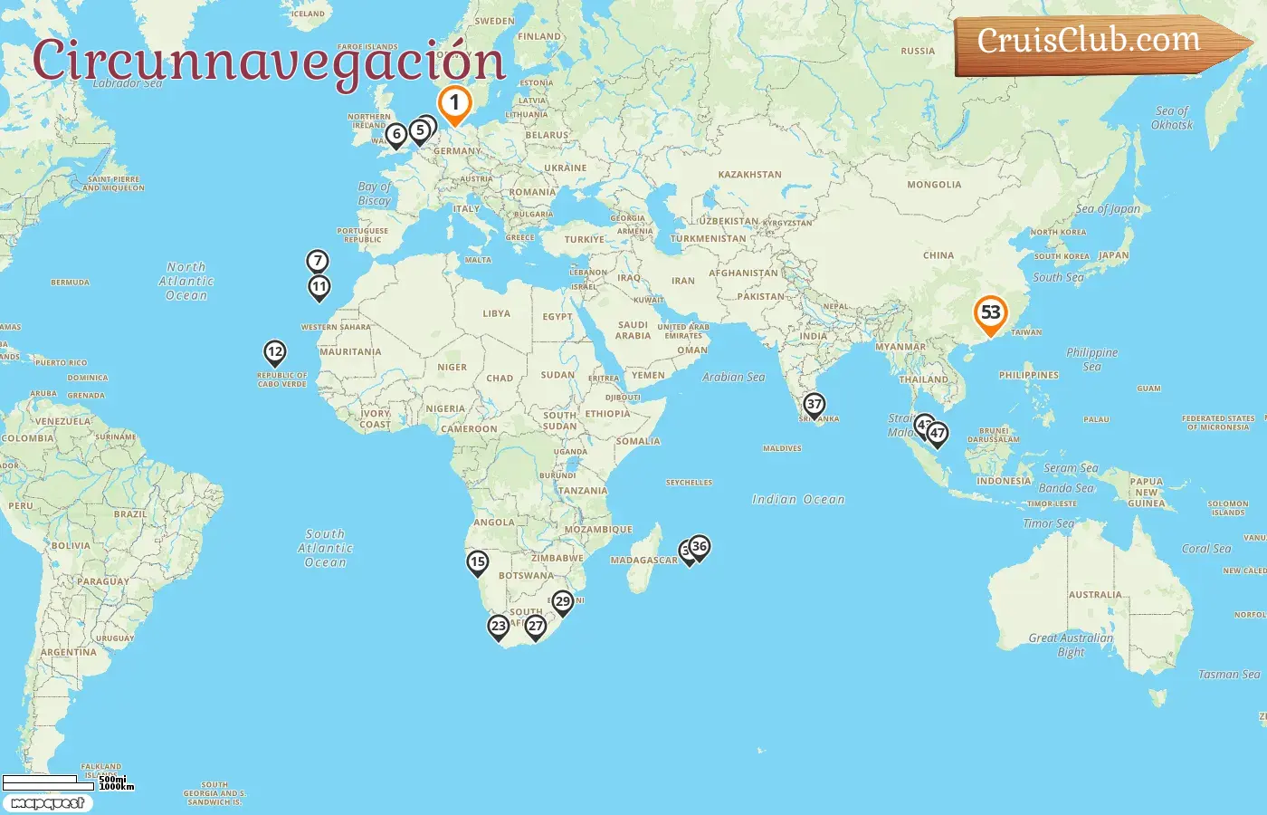 Crucero Vuelta al Mundo desde Hamburgo hasta Hong Kong a bordo del barco Queen Anne con visitas a Alemania, Bélgica, Portugal, España, Namibia, Sudáfrica, Reunión, Mauricio, Sri Lanka, Malasia, Singapur y Hong Kong durante 53 días