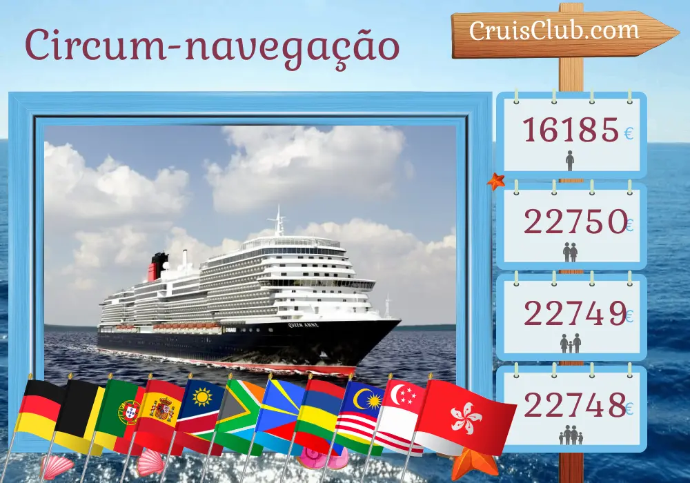 Cruzeiro no Mundo da viagem de Hamburgo a Hong Kong a bordo do navio Queen Anne com visitas à Alemanha, Bélgica, Portugal, Espanha, Namíbia, África do Sul, Reunião, Maurícia, Sri Lanka, Malásia, Singapura e Hong Kong por 53 dias