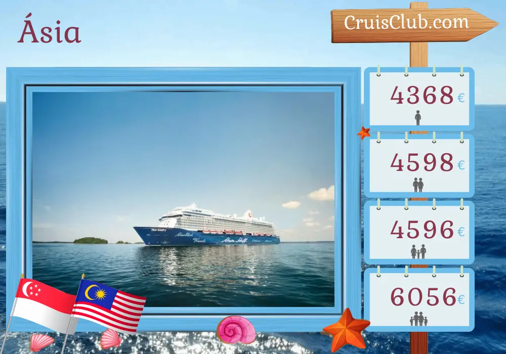 Cruzeiro na Ásia a partir de Singapura a bordo do navio Mein Schiff 6, com visitas a Singapura, Malásia, Vietnã e Tailândia por 15 dias