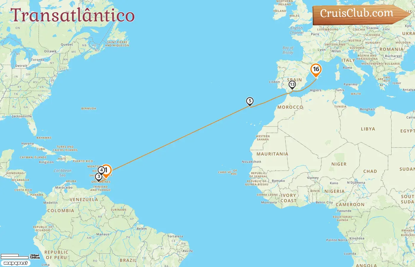 Cruzeiro no Transatlântico de Bridgetown para Palma a bordo do navio Mein Schiff 1 com visitas a Barbados, Granada e Espanha por 16 dias