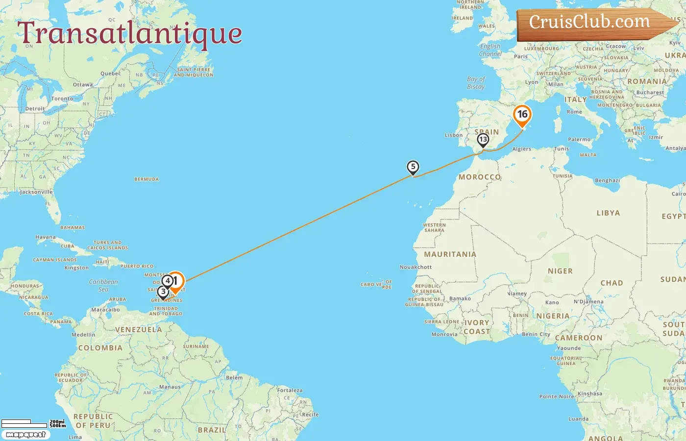 Croisière transatlantique de Bridgetown à Palma à bord du navire Mein Schiff 1 avec des visites à la Barbade, à la Grenade et en Espagne pendant 16 jours