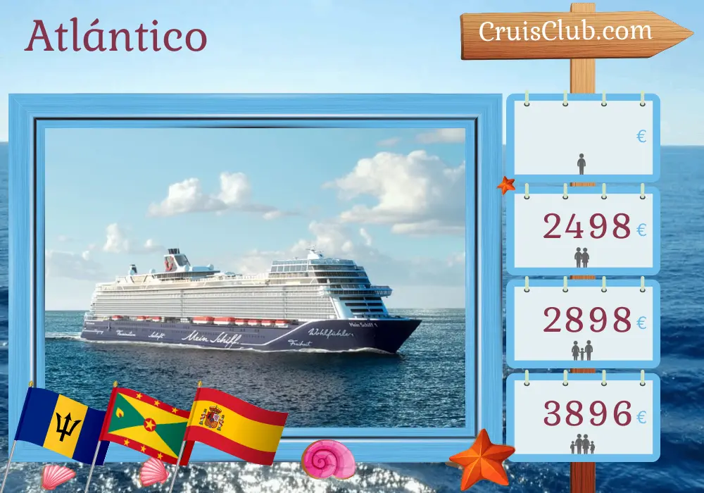 Crucero en el transatlántico de Bridgetown a Palma a bordo del barco Mein Schiff 1 con visitas a Barbados, Granada y España por 16 días