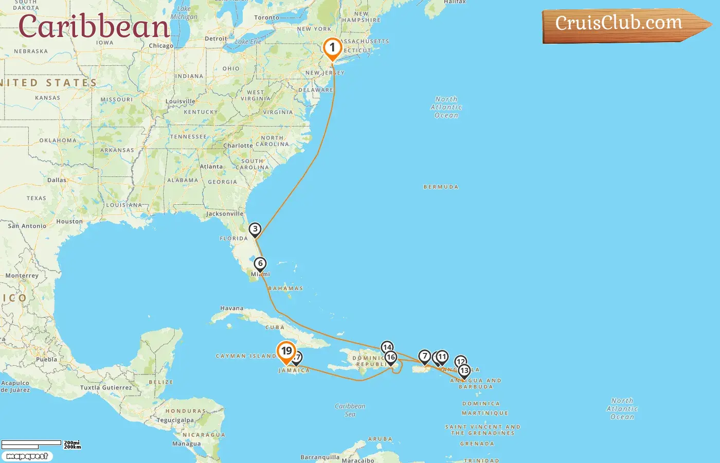 Cruise in the Caribbean from New York to Montego Bay aboard Mein Schiff 1 ship with visits to USA, Puerto Rico, and Jamaica for 19 days