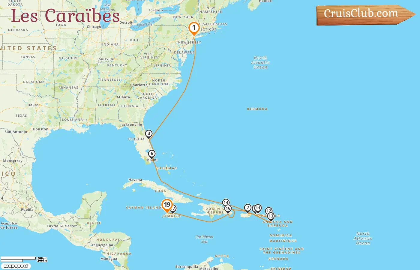 Croisière dans les Caraïbes de New York à Montego Bay à bord du navire Mein Schiff 1 avec des visites aux États-Unis, à Puerto Rico et en Jamaïque pendant 19 jours