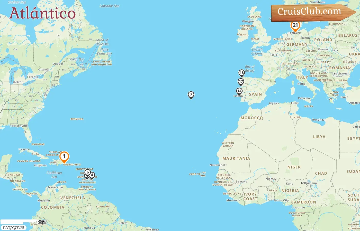 Crucero en el Transatlántico de La Romana a Hamburgo a bordo del barco Mein Schiff 2 con visitas a San Vicente y las Granadinas, Barbados, Portugal y Alemania por 21 días