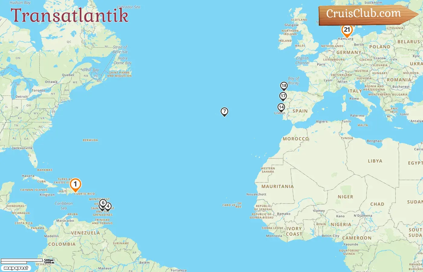 Kreuzfahrt über den Atlantik von La Romana nach Hamburg an Bord des Schiffes Mein Schiff 2 mit Stopps in St. Vincent und den Grenadinen, Barbados, Portugal und Deutschland für 21 Tage