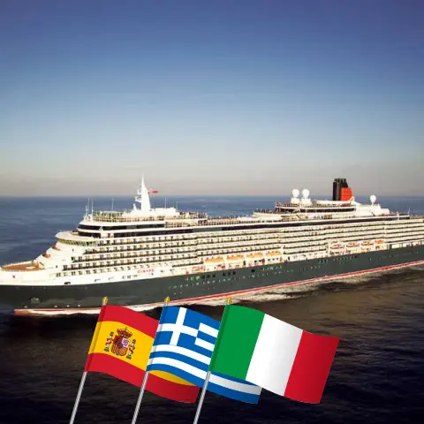 Cruise in the Mediterranean from Southampton to Barcelona aboard Queen Victoria ship with visits to Spain, Greece, Turkey, and Italy for 25 days