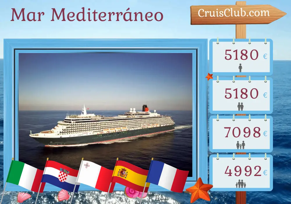 Crucero por el Mediterráneo desde Trieste a Barcelona a bordo del barco Queen Victoria con visitas a Italia, Croacia, Malta, España y Francia durante 15 días