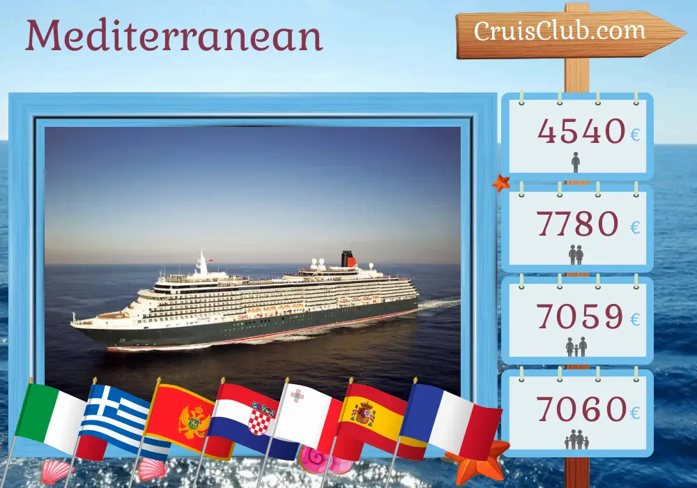 Cruise in the Mediterranean from Civitavecchia aboard Queen Victoria ship with visits to Italy, Greece, Montenegro, Croatia, Malta, Spain, and France for 22 days
