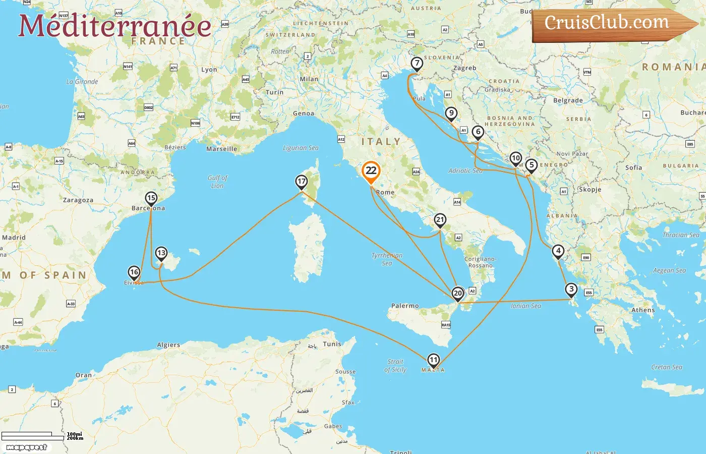 Croisière en Méditerranée au départ de Civitavecchia à bord du Queen Victoria avec des visites en Italie, Grèce, Monténégro, Croatie, Malte, Espagne et France pendant 22 jours