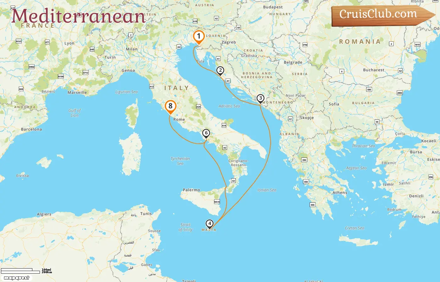 Cruise in the Mediterranean from Trieste to Civitavecchia aboard Queen Victoria ship with visits to Italy, Croatia, and Malta for 8 days