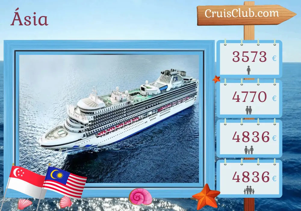 Cruzeiro pela Ásia saindo de Singapura a bordo do navio Diamond Princess com visitas a Singapura, Tailândia, Malásia e Vietnã por 15 dias