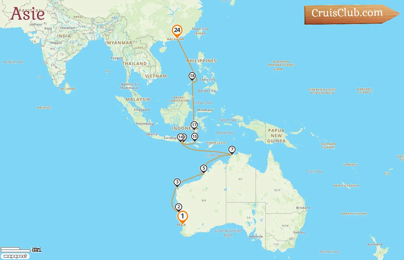 Croisière en Asie de Perth à Hong Kong à bord du navire Seabourn Sojourn avec escales en Australie, en Indonésie, aux Philippines et à Hong Kong pendant 24 jours