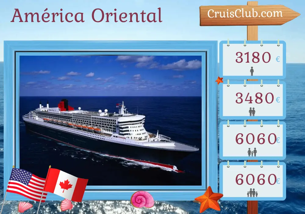 Cruzeiro no Leste da América a partir de Nova York a bordo do navio Queen Mary 2 com visitas aos Estados Unidos e Canadá por 8 dias