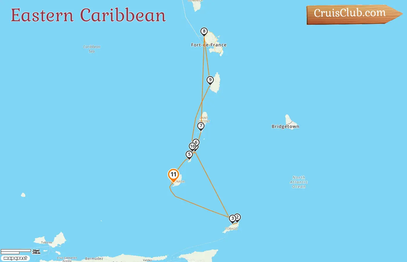 Cruise in the Eastern Caribbean from St. George`s aboard Star Clipper ship with visits to Grenada, Trinidad and Tobago, Saint Vincent and the Grenadines, Martinique, and Saint Lucia for 11 days