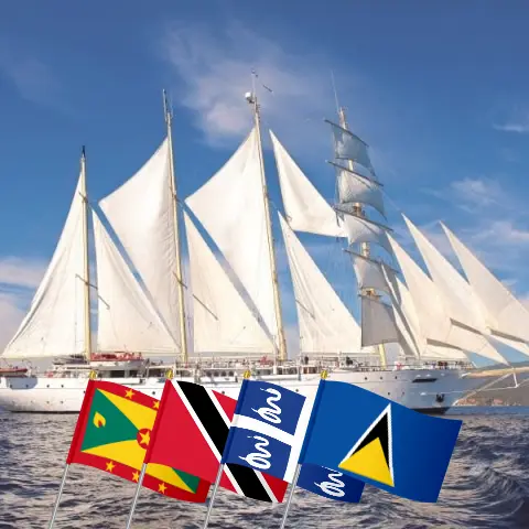 Cruise in the Eastern Caribbean from St. George`s aboard Star Clipper ship with visits to Grenada, Trinidad and Tobago, Saint Vincent and the Grenadines, Martinique, and Saint Lucia for 11 days