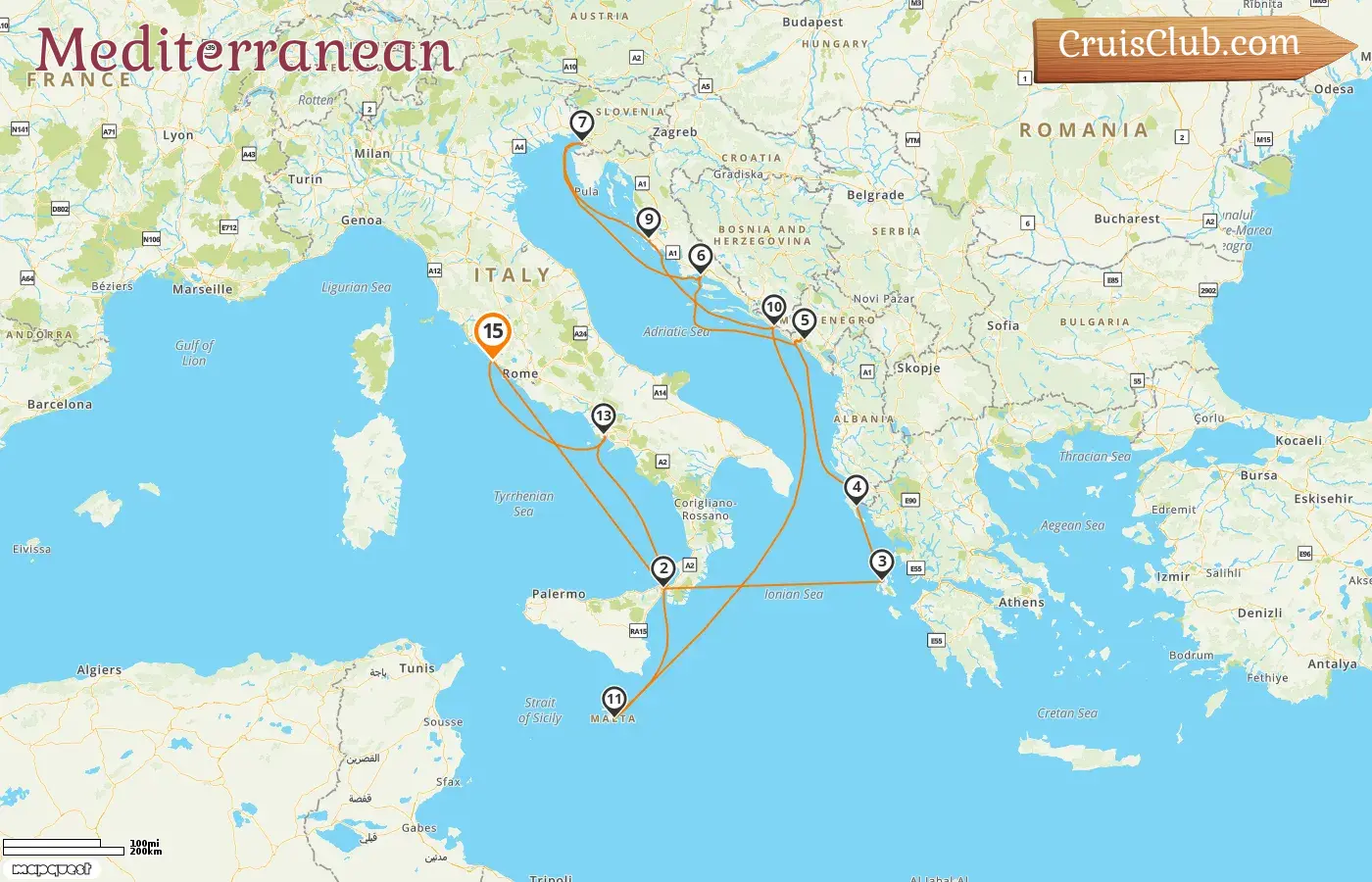 Cruise in the Mediterranean from Civitavecchia aboard Queen Victoria ship with visits to Italy, Greece, Montenegro, Croatia, and Malta for 15 days