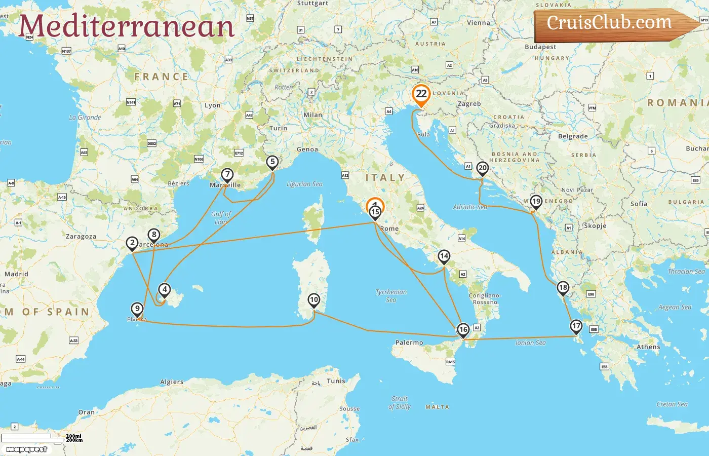 Cruise in the Mediterranean from Civitavecchia to Trieste aboard Queen Victoria ship with visits to Italy, Spain, France, Greece, Montenegro, and Croatia for 22 days