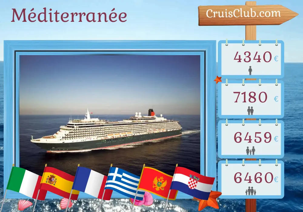 Croisière en Méditerranée de Civitavecchia à Trieste à bord du navire Queen Victoria avec des visites en Italie, en Espagne, en France, en Grèce, au Monténégro et en Croatie pendant 22 jours