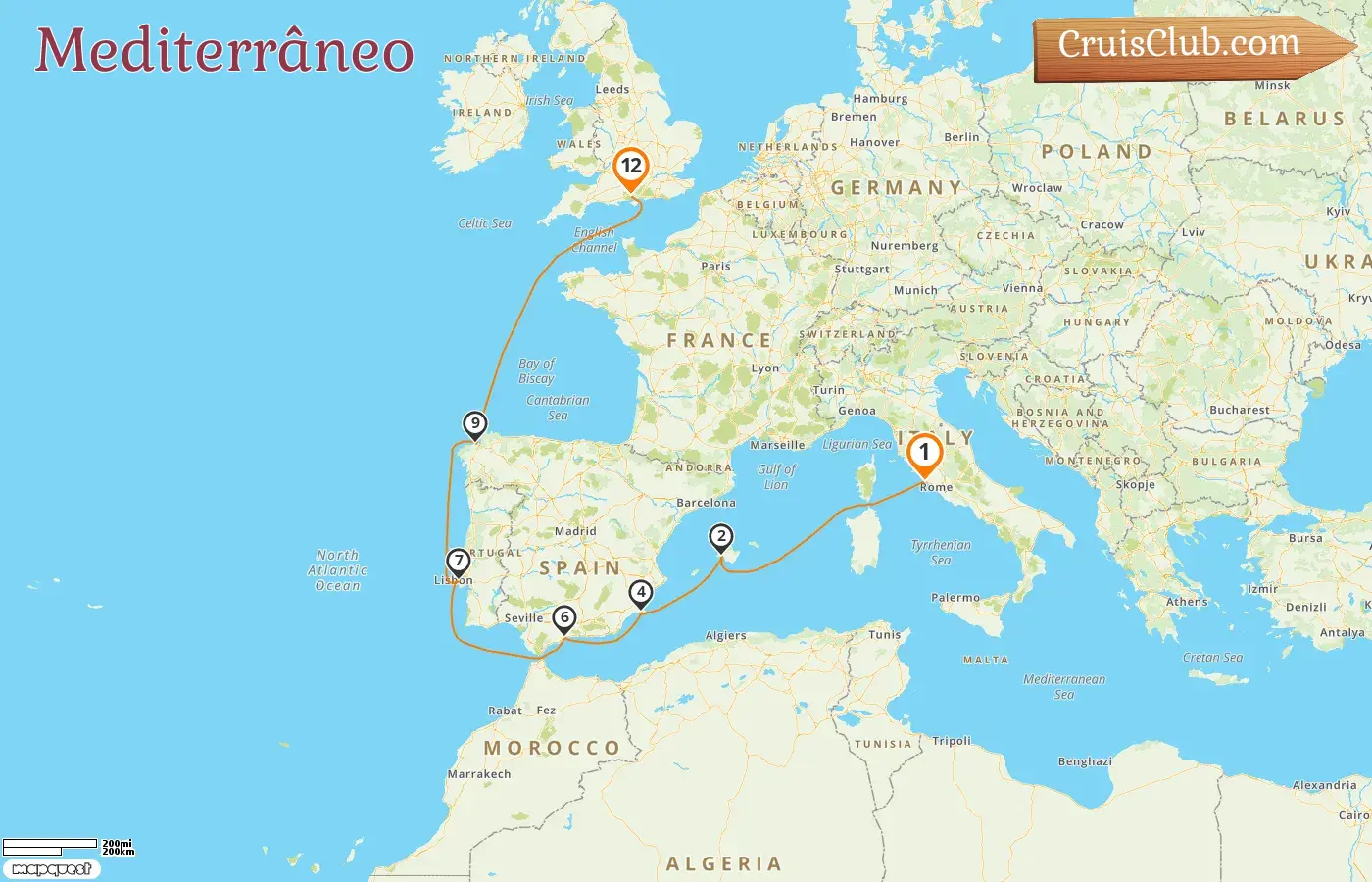 Cruzeiro no Mediterrâneo de Civitavecchia para Southampton a bordo do navio Queen Victoria com visitas a Itália e Espanha por 12 dias