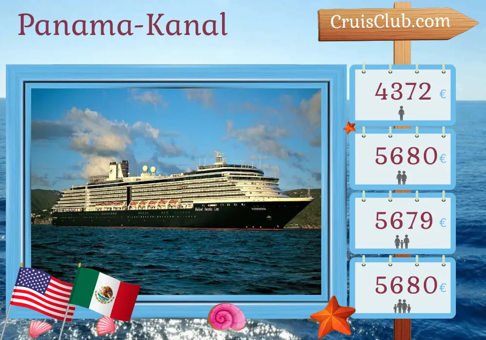 Kreuzfahrt im Panamakanal von Miami nach San Diego an Bord des Schiffes Zuiderdam mit Stopps in den USA, Kolumbien, Panama, Costa Rica, El Salvador, Guatemala und Mexiko für 16 Tage