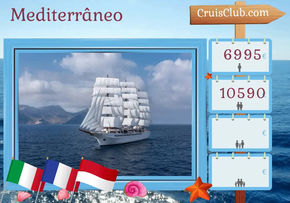 Cruzeiro no Mediterrâneo de Nápoles para Nice a bordo do navio Sea Cloud Spirit com visitas à Itália, França e Mônaco por 8 dias