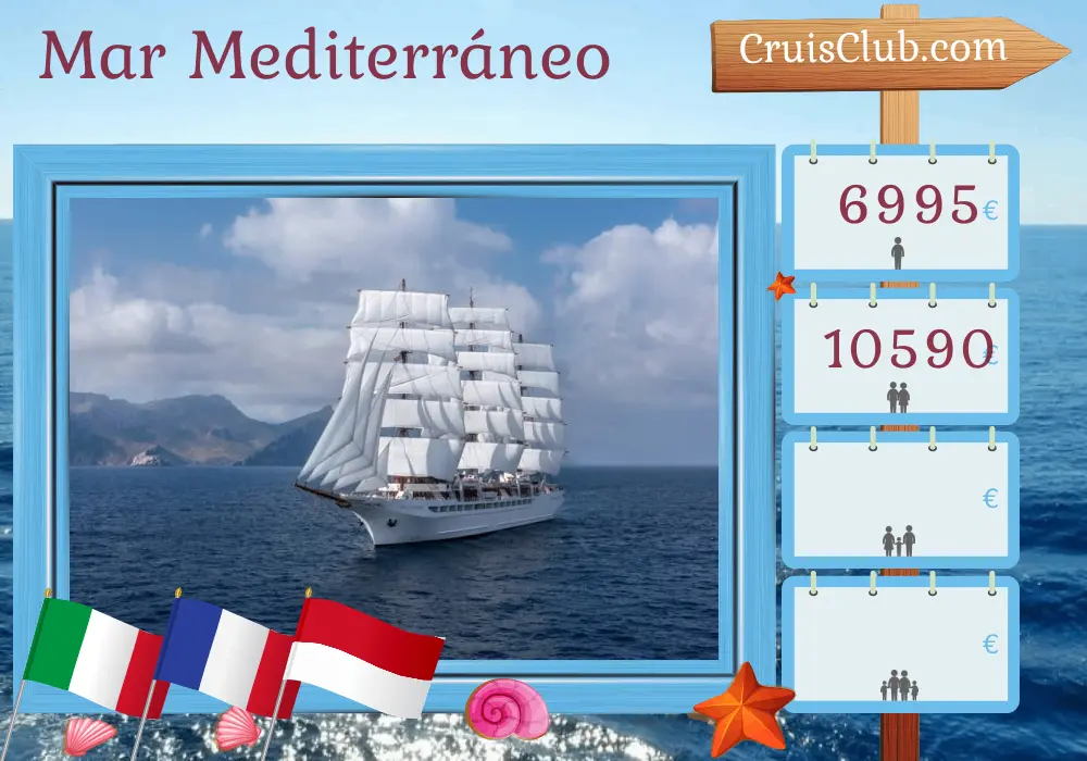 Crucero en el Mediterráneo de Nápoles a Niza a bordo del barco Sea Cloud Spirit con visitas a Italia, Francia y Mónaco durante 8 días