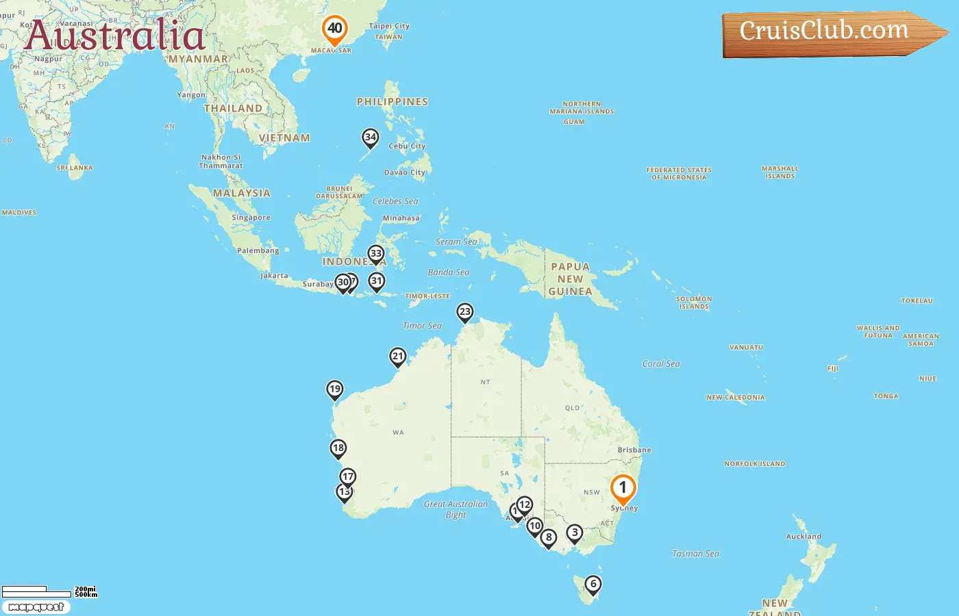 Cruise in the Australia from Sydney to Hong Kong aboard Seabourn Sojourn ship with visits to Australia, Indonesia, Philippines, and Hong Kong for 40 days