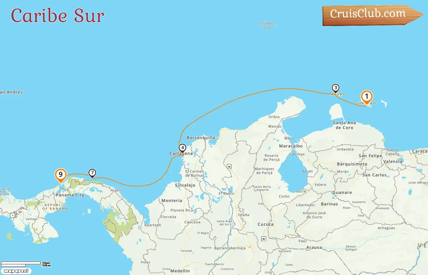 Crucero por el Sur del Caribe desde Willemstad a Colonia a bordo del barco Sea Cloud Spirit con visitas a Curazao, Aruba, Colombia y Panamá durante 9 días