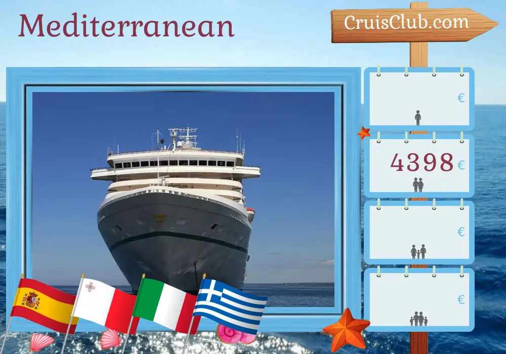 Cruise in the Mediterranean from Palma to Istanbul aboard Artania ship with visits to Spain, Tunisia, Malta, Italy, Greece, and Turkey for 15 days