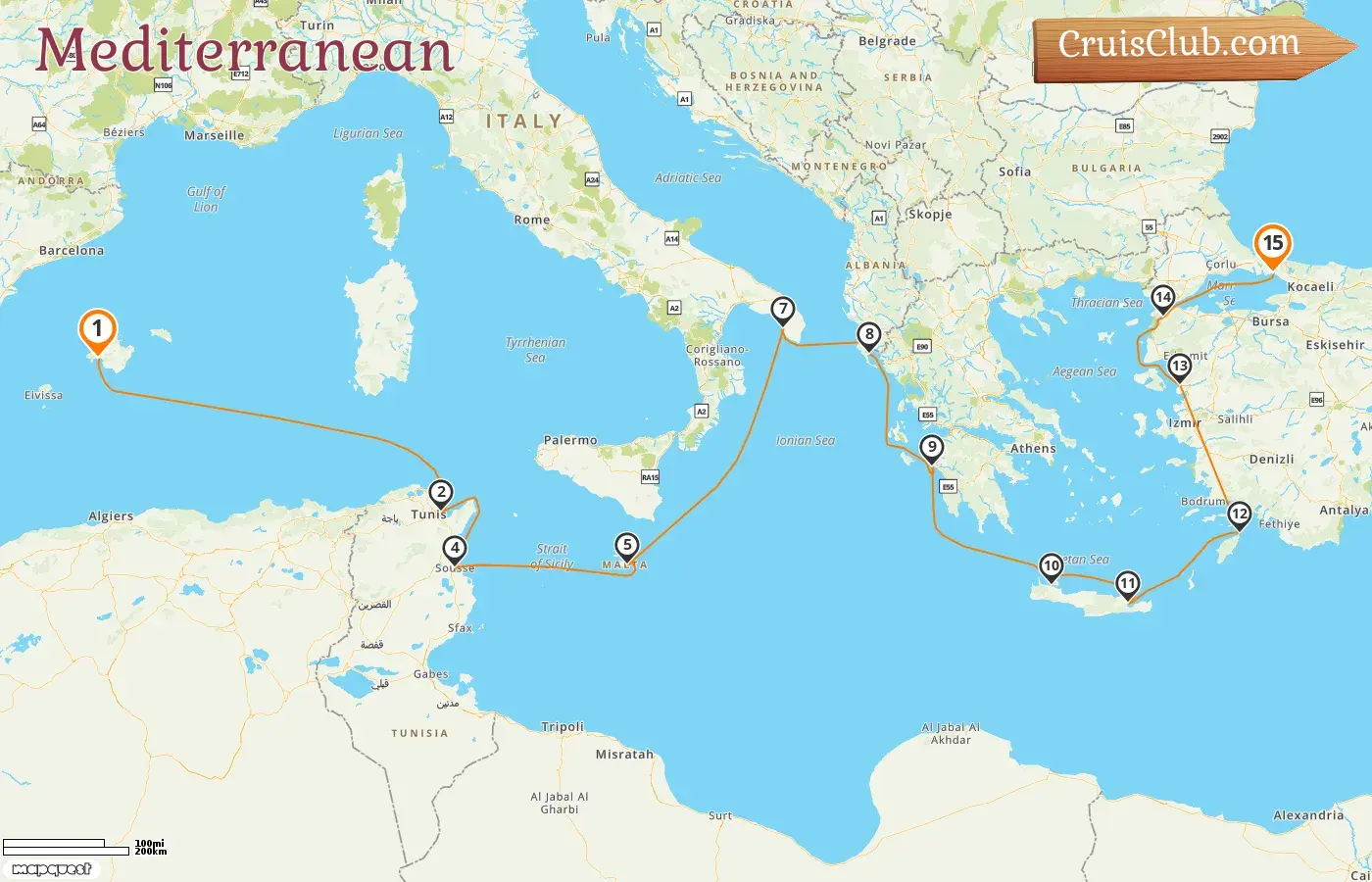 Cruise in the Mediterranean from Palma to Istanbul aboard Artania ship with visits to Spain, Tunisia, Malta, Italy, Greece, and Turkey for 15 days