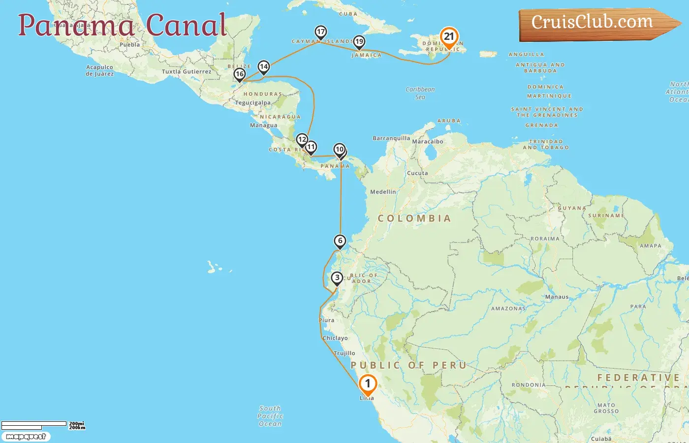 Cruise in the Panama Canal from Callao to Saint Dominic aboard Artania ship with visits to Peru, Ecuador, Panama, Costa Rica, Honduras, Guatemala, Cayman Islands, and Jamaica for 21 days