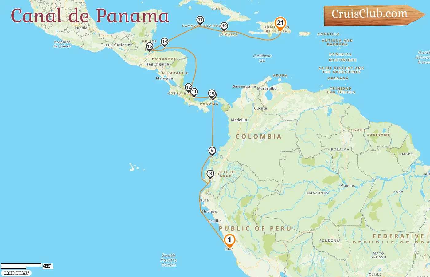 Croisière dans le canal de Panama de Callao à Saint-Domingue à bord du navire Artania avec des visites au Pérou, en Equateur, au Panama, au Costa Rica, au Honduras, au Guatemala, aux îles Caïmans et en Jamaïque pendant 21 jours