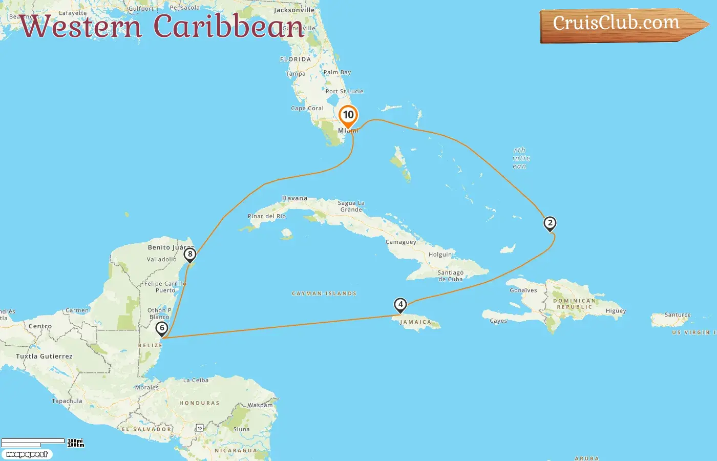 Cruise in the Western Caribbean from Miami aboard Queen Elizabeth ship with visits to USA, Jamaica, Belize, and Mexico for 10 days