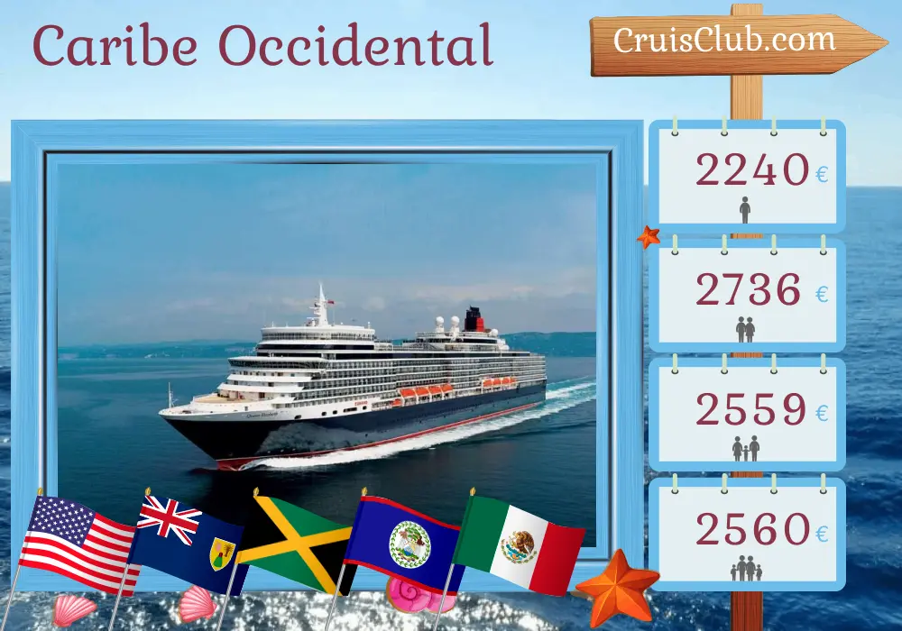 Crucero por el Caribe Occidental desde Miami a bordo del barco Queen Elizabeth con visitas a EE. UU., Jamaica, Belice y México durante 10 días