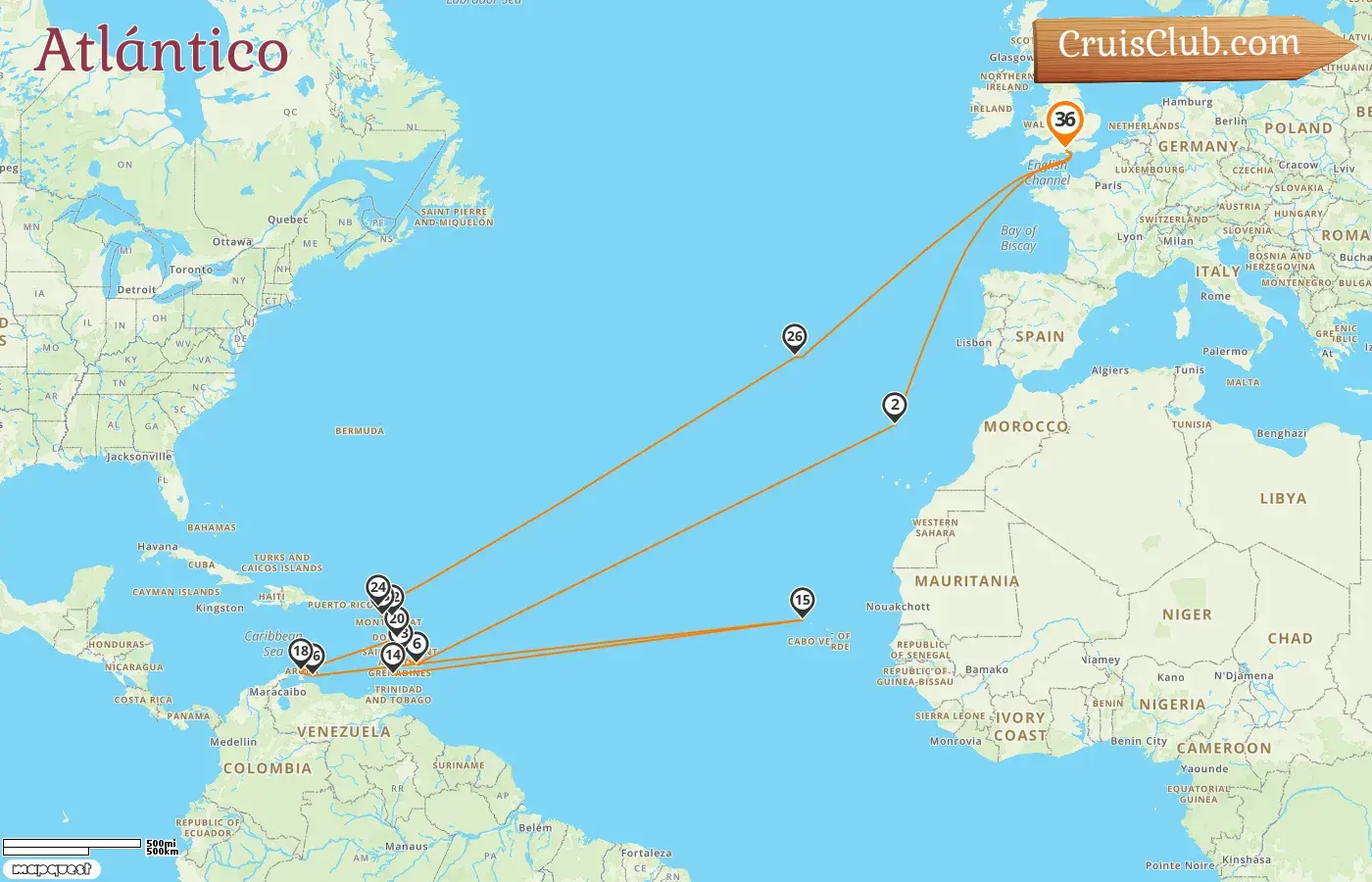 Crucero Transatlántico desde Southampton a bordo del barco Queen Victoria con visitas a Portugal, Barbados, Granada, Curazao y Aruba durante 36 días