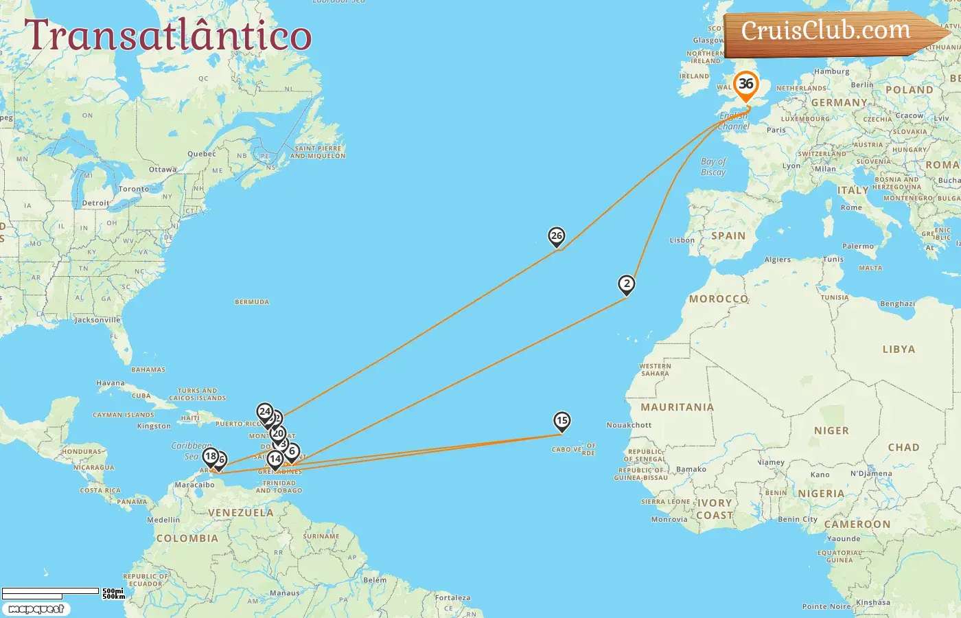 Cruzeiro no Transatlântico de Southampton a bordo do navio Queen Victoria com visitas a Portugal, Barbados, Granada, Curaçao e Aruba por 36 dias