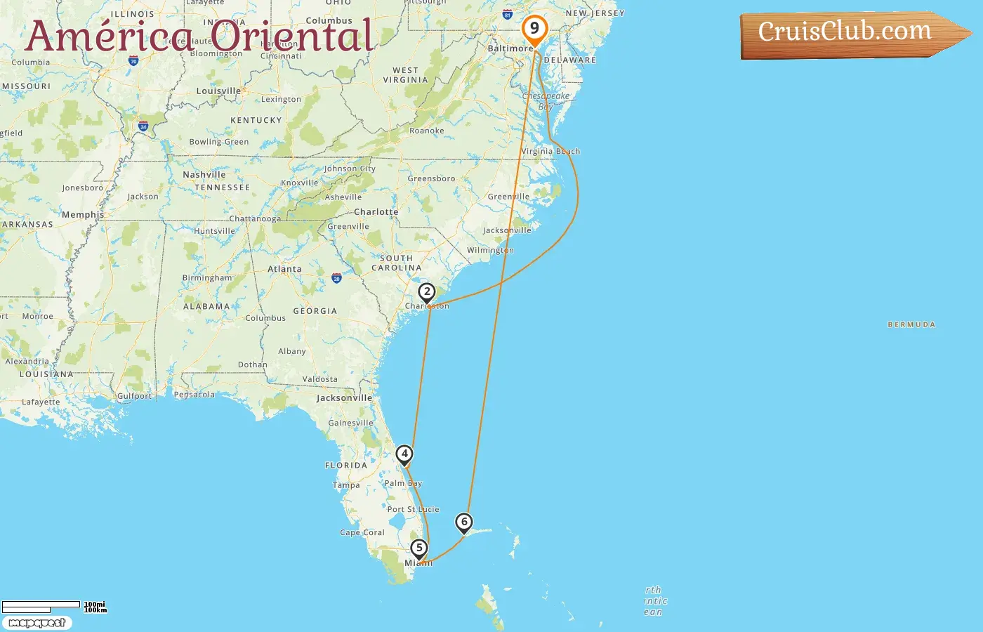 Cruzeiro no Leste dos Estados Unidos saindo de Baltimore a bordo do navio Vision of the Seas com visitas aos EUA e Bahamas por 9 dias