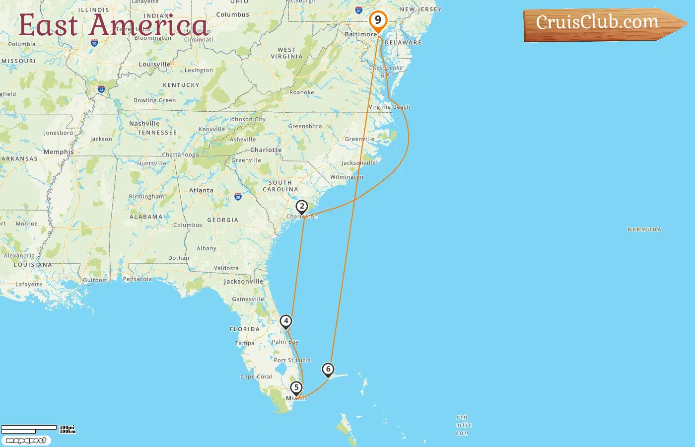 Cruise in the East America from Baltimore aboard Vision of the Seas ship with visits to USA and Bahamas for 9 days