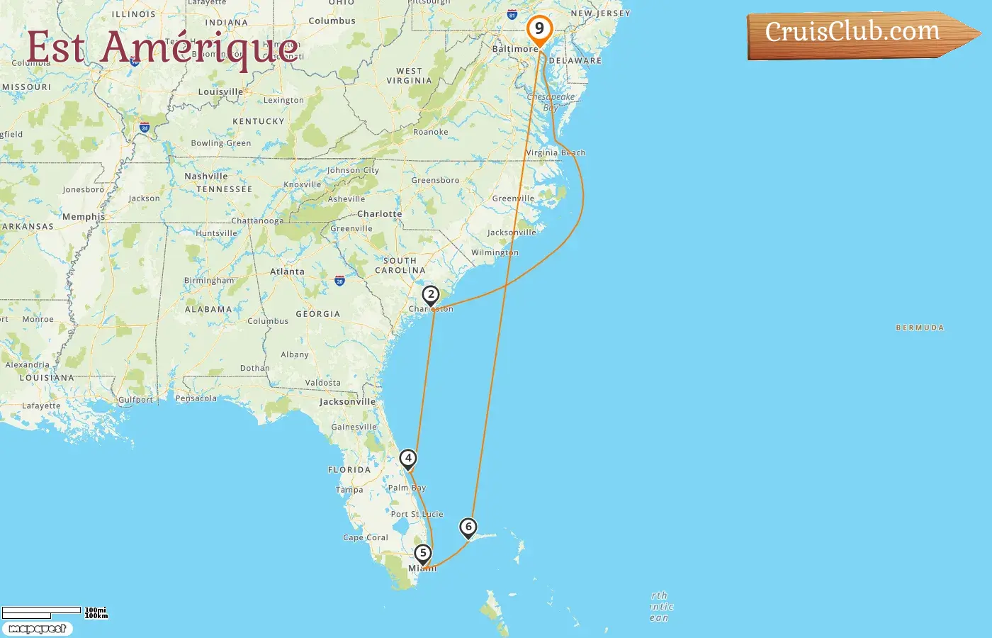 Croisière dans l`est des États-Unis au départ de Baltimore à bord du navire Vision of the Seas avec des visites aux États-Unis et aux Bahamas pendant 9 jours
